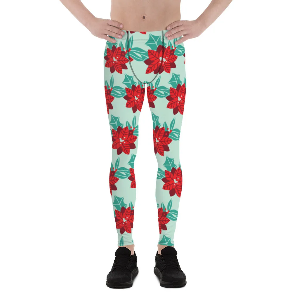 Floral Christmas Holiday Men's Leggings, Light Green & Red Xmas Flower Designer Men's Leggings-Made in USA/MX/EU