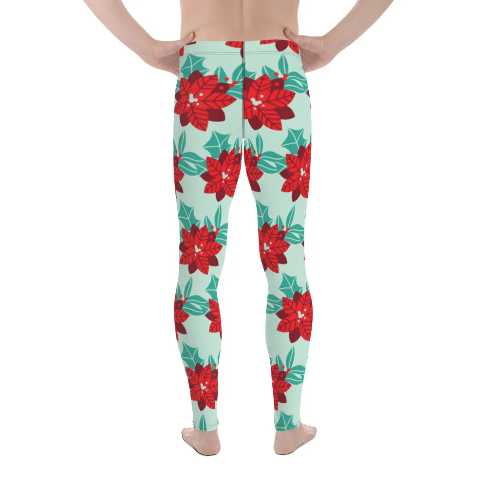 Floral Christmas Holiday Men's Leggings, Light Green & Red Xmas Flower Designer Men's Leggings-Made in USA/MX/EU