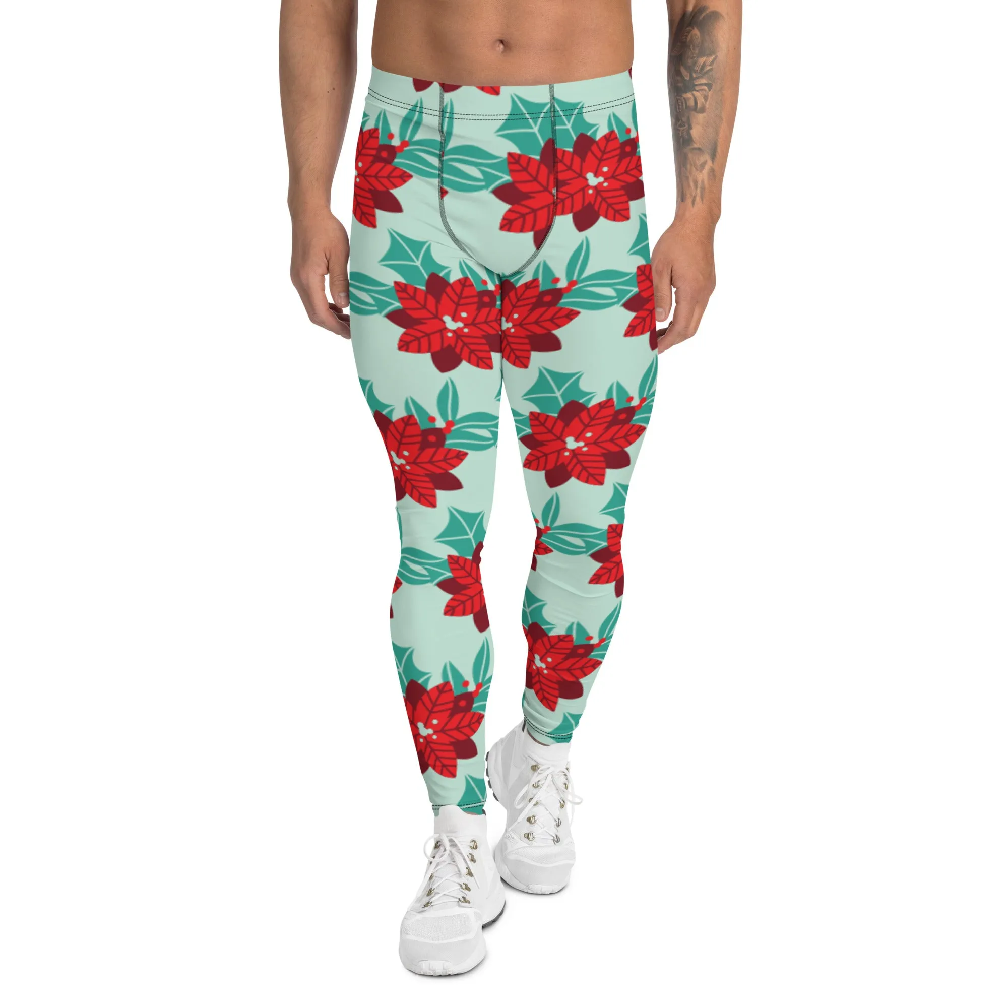 Floral Christmas Holiday Men's Leggings, Light Green & Red Xmas Flower Designer Men's Leggings-Made in USA/MX/EU