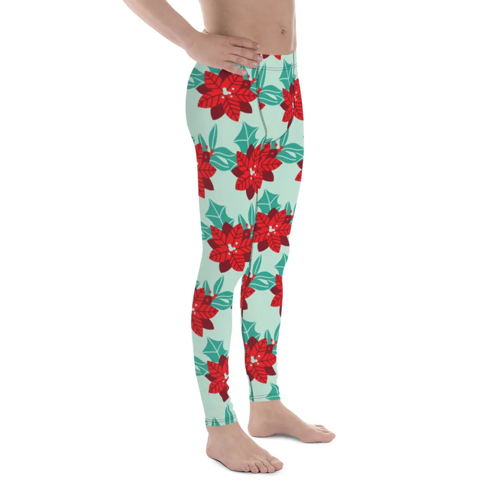 Floral Christmas Holiday Men's Leggings, Light Green & Red Xmas Flower Designer Men's Leggings-Made in USA/MX/EU