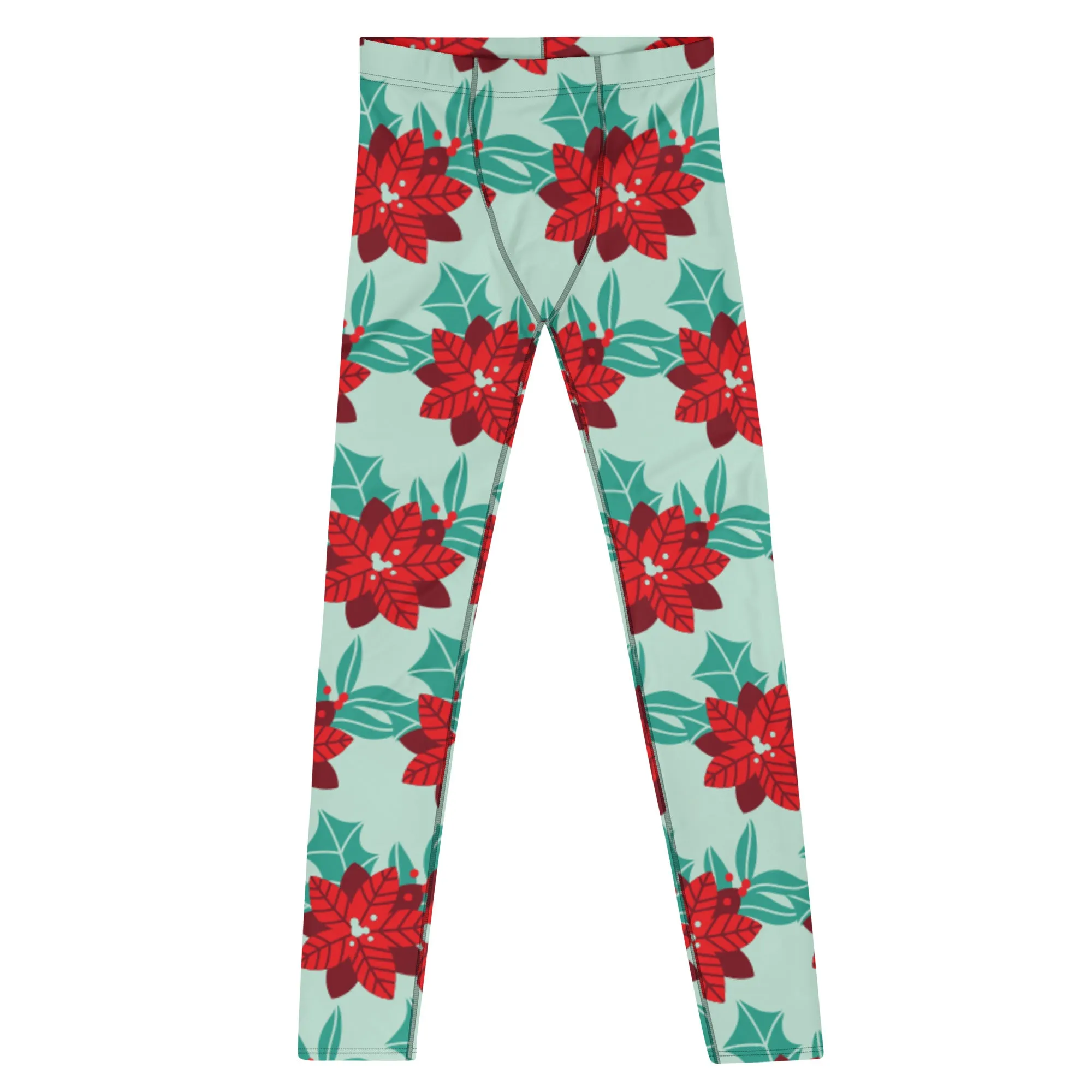 Floral Christmas Holiday Men's Leggings, Light Green & Red Xmas Flower Designer Men's Leggings-Made in USA/MX/EU