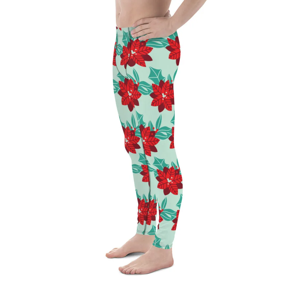 Floral Christmas Holiday Men's Leggings, Light Green & Red Xmas Flower Designer Men's Leggings-Made in USA/MX/EU