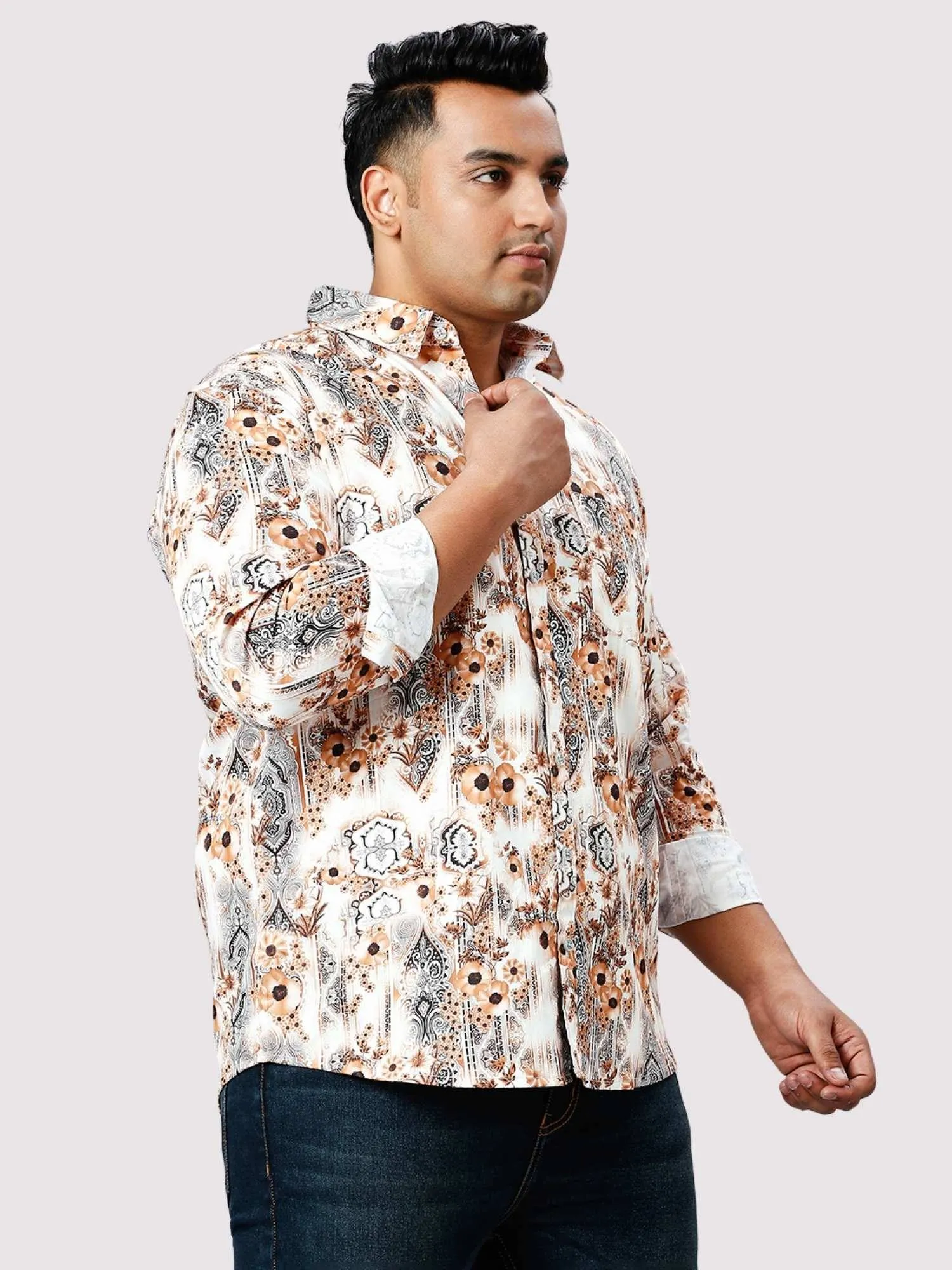 French Beige Digital Printed Full Sleeve Shirt Men's Plus Size