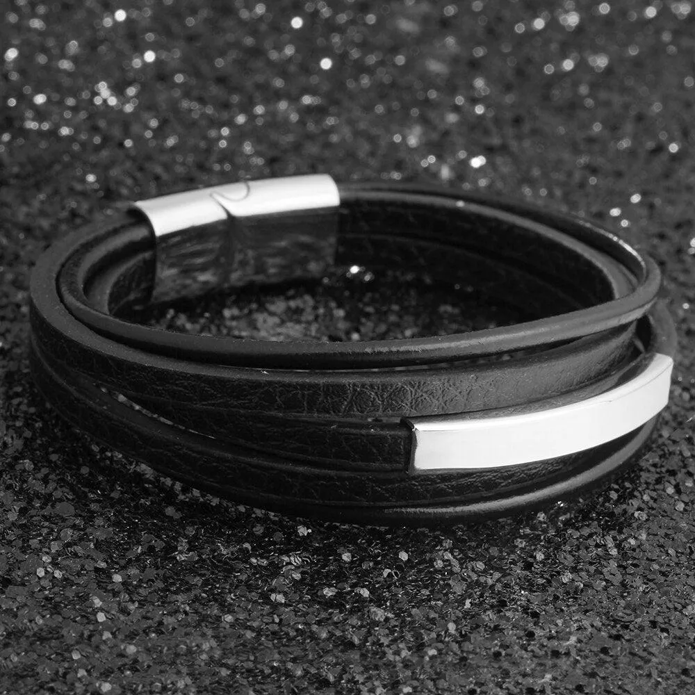 Genuine Leather Stainless Steel Stylish Bracelets for Men, Multiple Layer Wristband