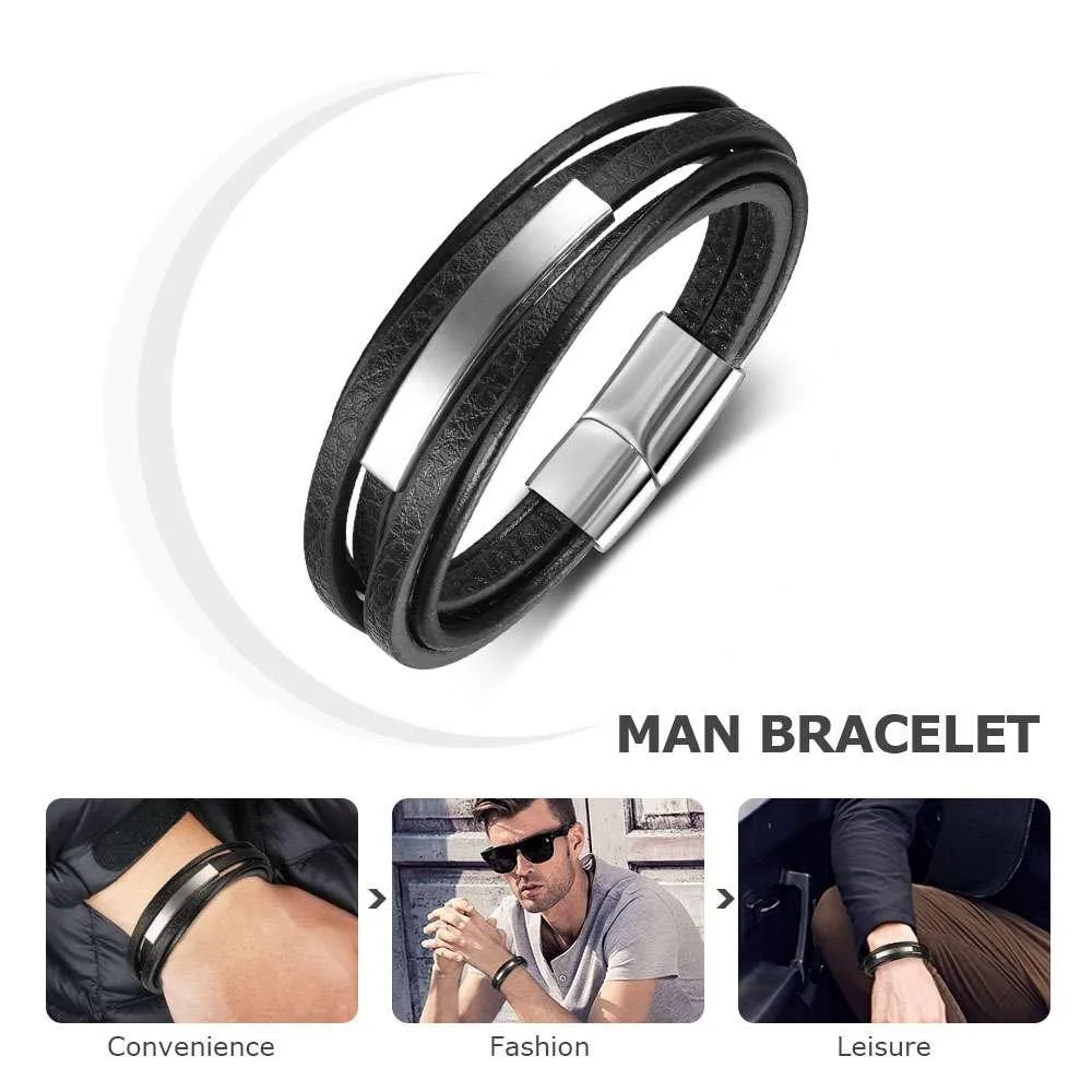 Genuine Leather Stainless Steel Stylish Bracelets for Men, Multiple Layer Wristband