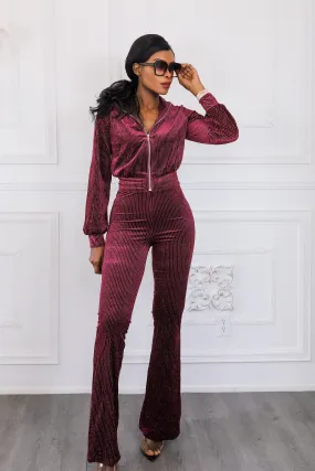 Glam Babe Velvet Two Pieces Set Bomber Jacket and Flare Pants