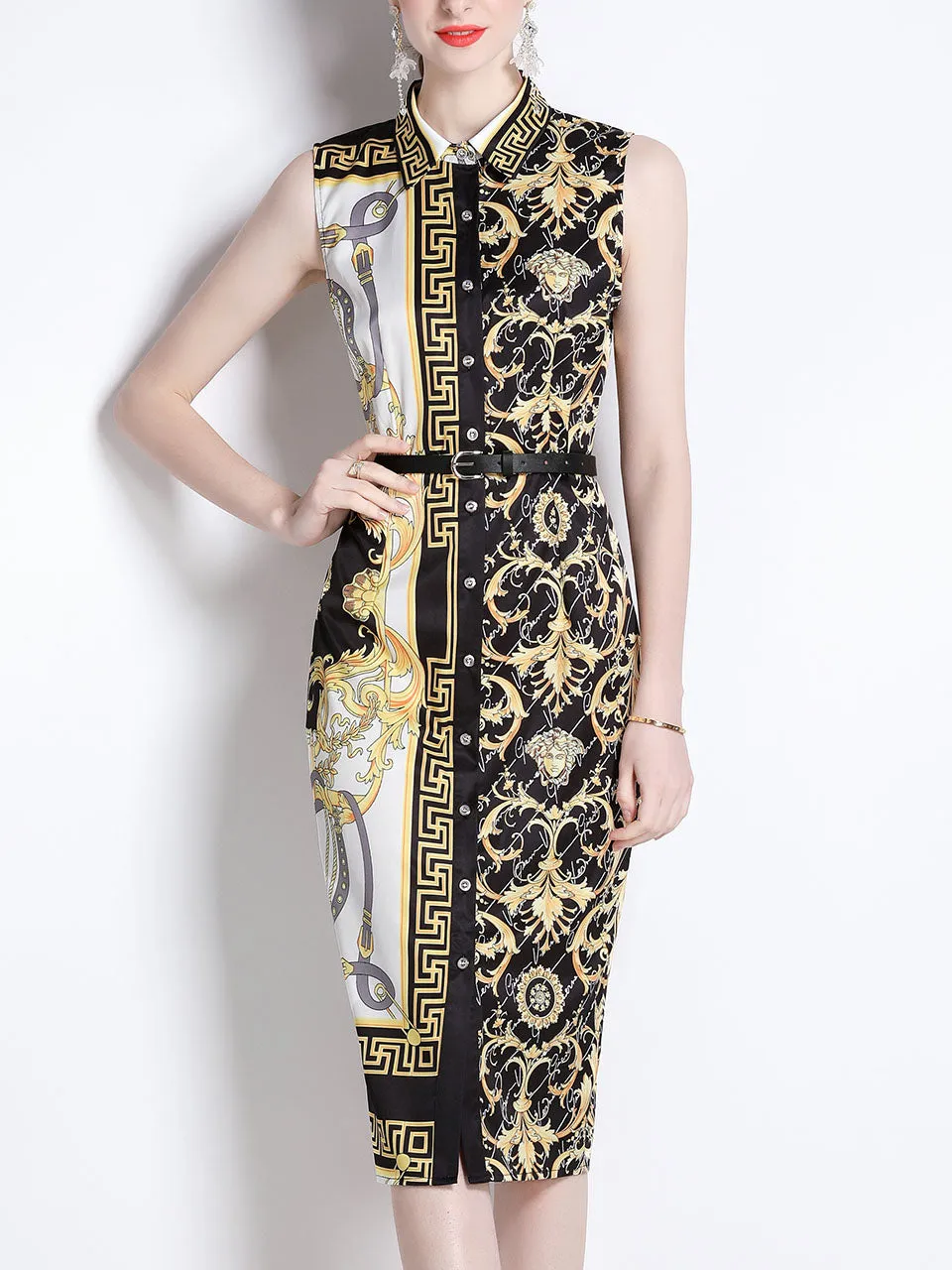 Gold And Black Exotic Print Turn Down Shirt Sleeveless Bodycon Summer Dress For Women