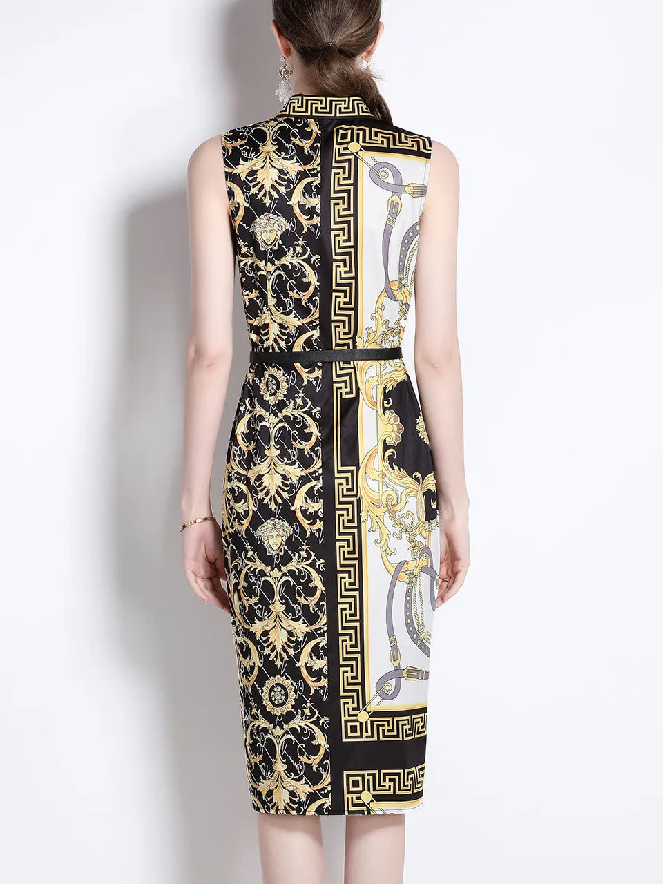 Gold And Black Exotic Print Turn Down Shirt Sleeveless Bodycon Summer Dress For Women