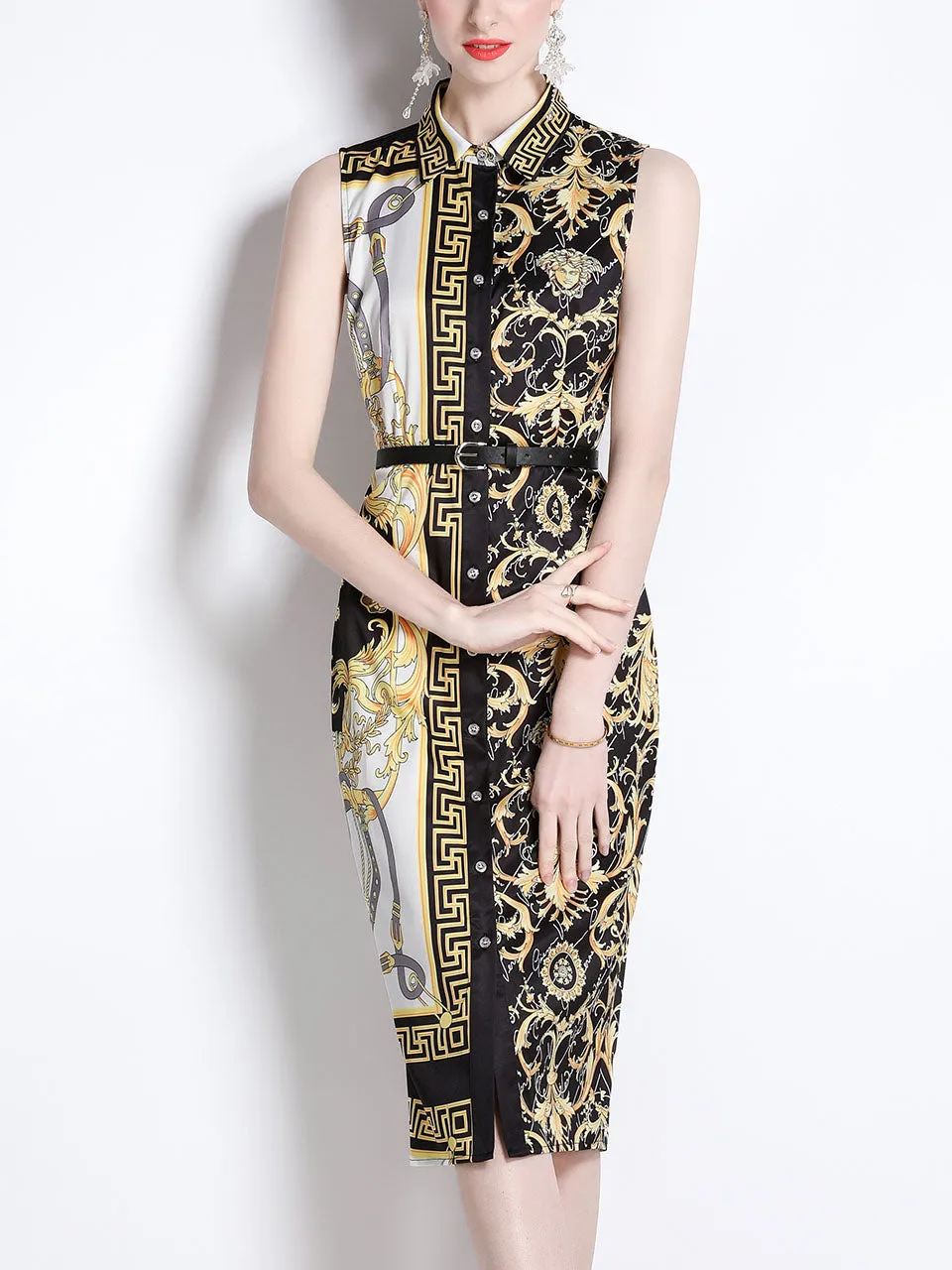 Gold And Black Exotic Print Turn Down Shirt Sleeveless Bodycon Summer Dress For Women