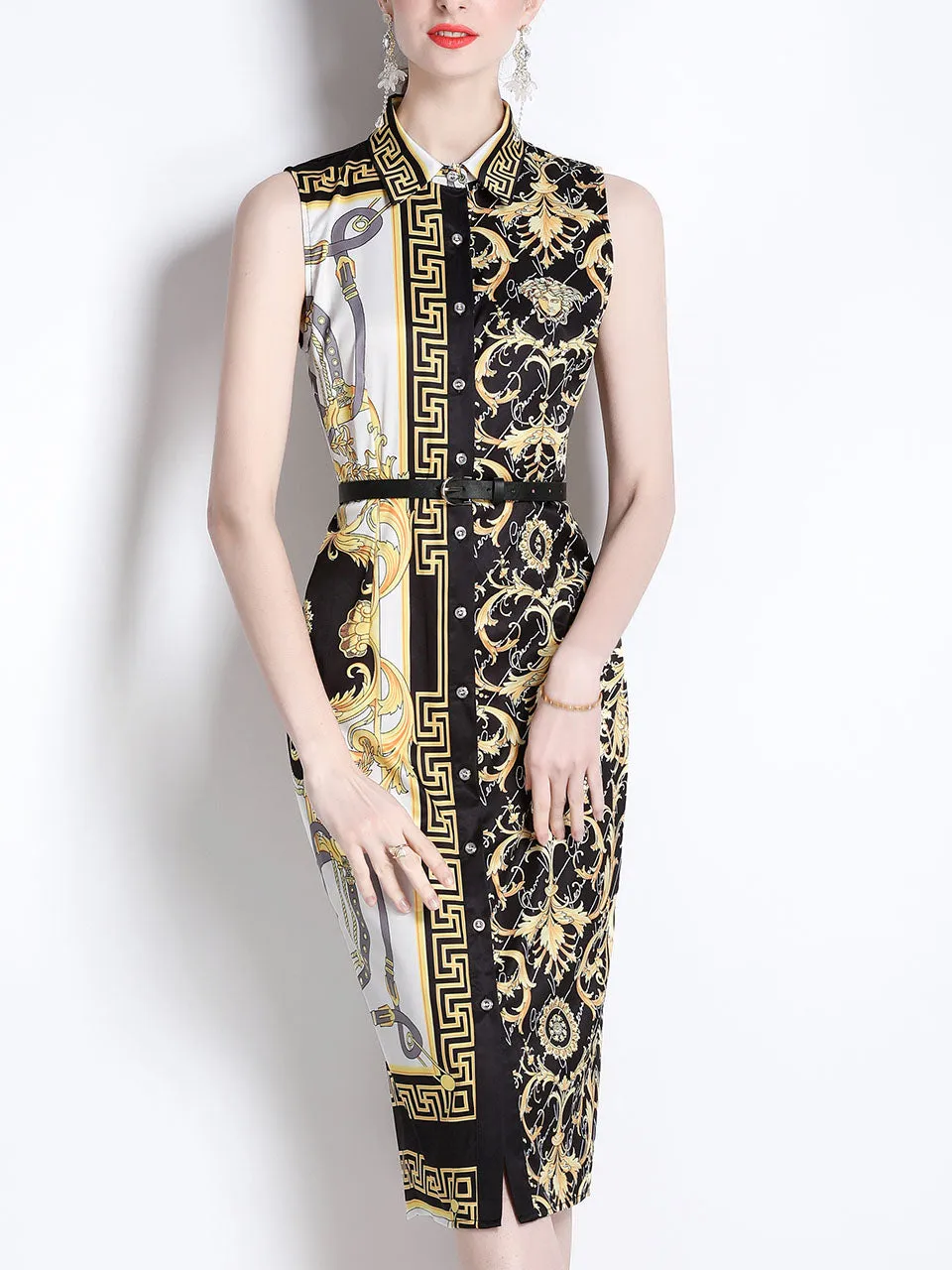 Gold And Black Exotic Print Turn Down Shirt Sleeveless Bodycon Summer Dress For Women