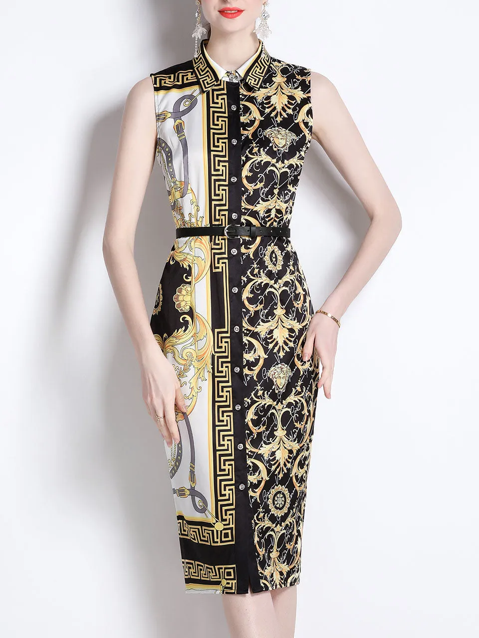 Gold And Black Exotic Print Turn Down Shirt Sleeveless Bodycon Summer Dress For Women