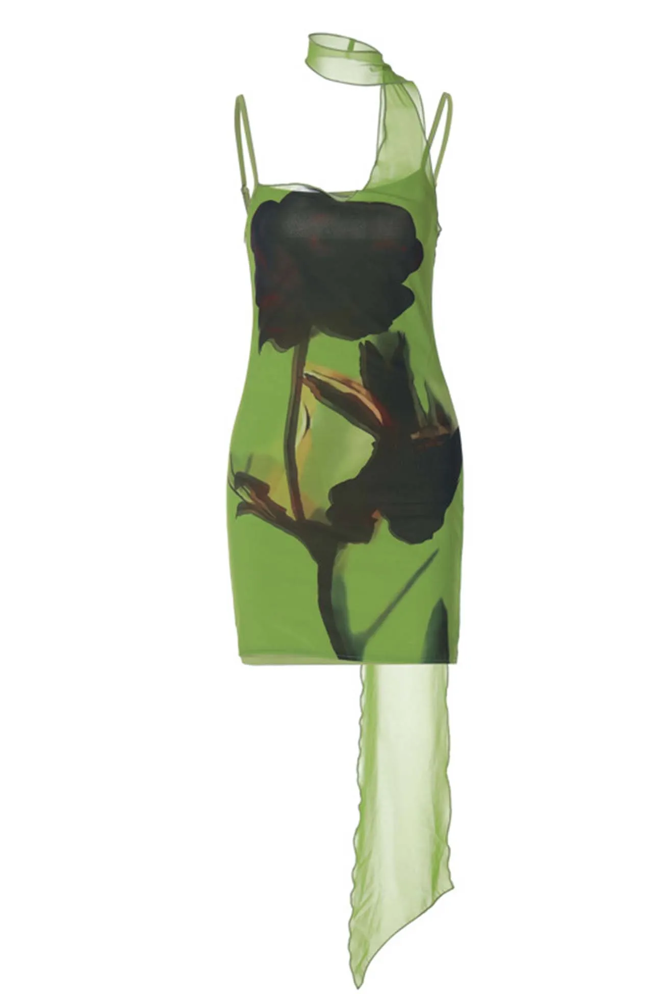 Green Ribbon Printed Bodycon Cami Dress