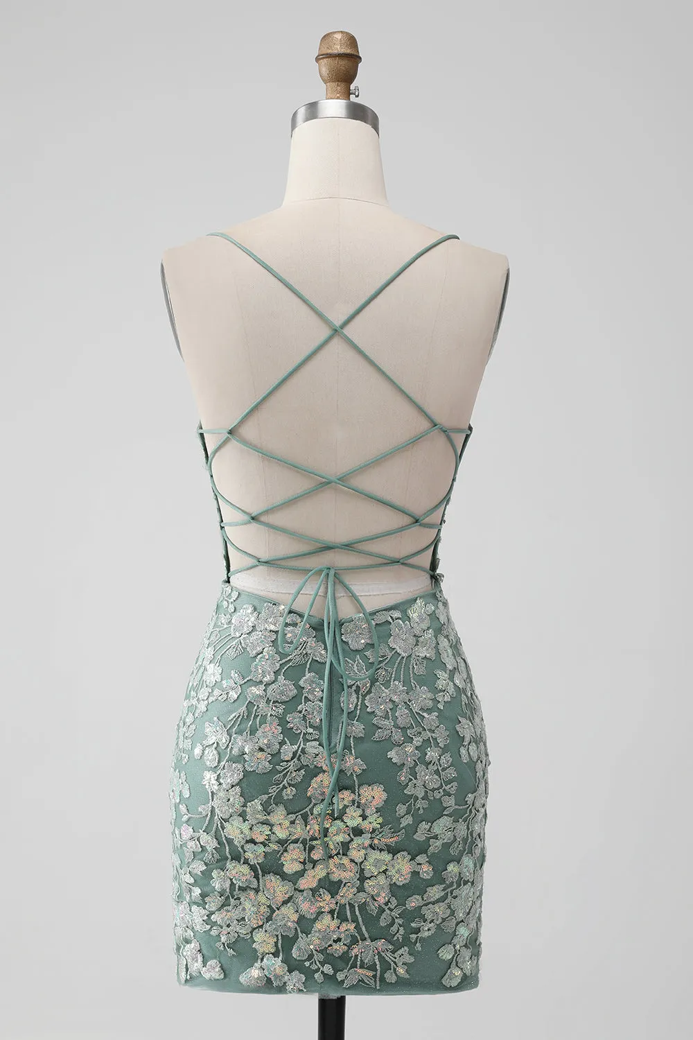 Grey Green Bodycon Lace-up Back Mini Dress with Sequin Appliqued