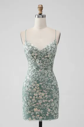 Grey Green Bodycon Lace-up Back Mini Dress with Sequin Appliqued