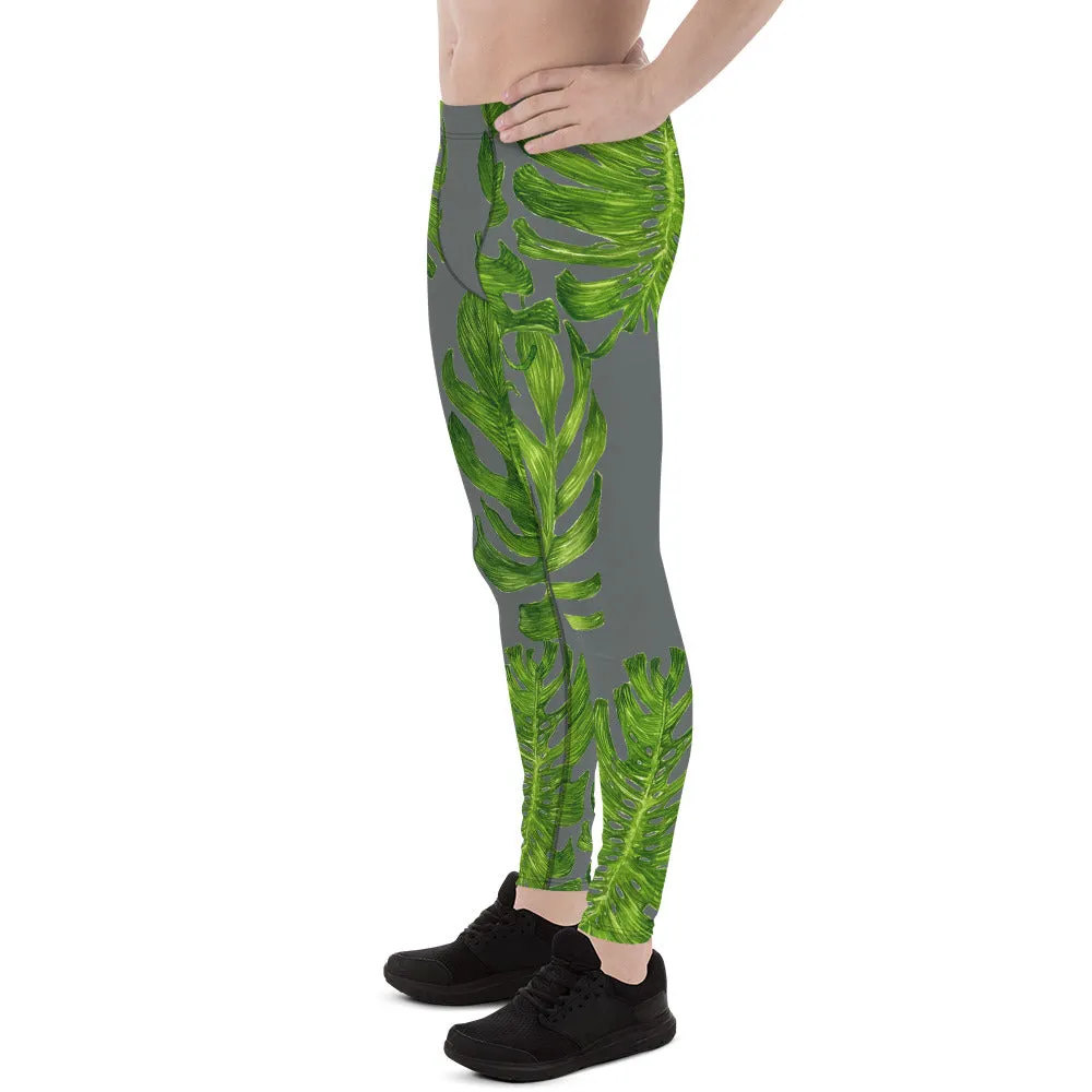 Grey Tropical Men's Tights, Best Medium Gray Green Tropical Leaf Print Men's Leggings-Made in USA/EU (US Size: XS-3XL)