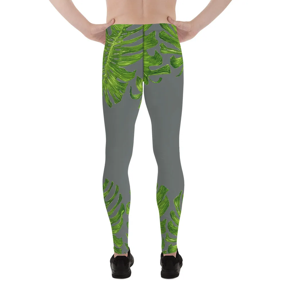 Grey Tropical Men's Tights, Best Medium Gray Green Tropical Leaf Print Men's Leggings-Made in USA/EU (US Size: XS-3XL)