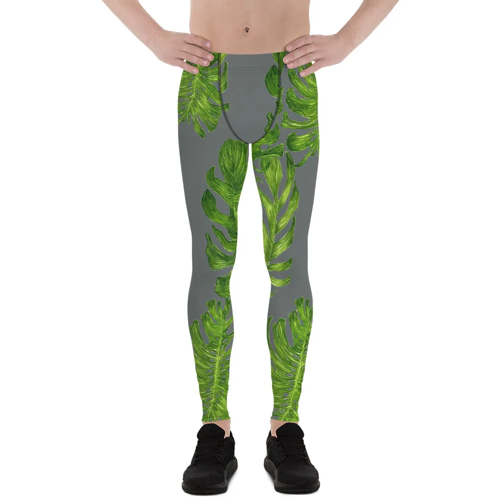 Grey Tropical Men's Tights, Best Medium Gray Green Tropical Leaf Print Men's Leggings-Made in USA/EU (US Size: XS-3XL)