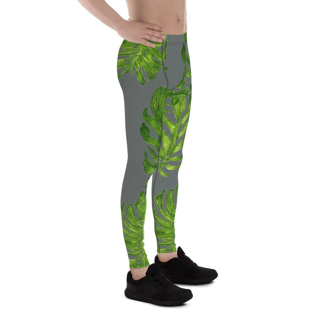 Grey Tropical Men's Tights, Best Medium Gray Green Tropical Leaf Print Men's Leggings-Made in USA/EU (US Size: XS-3XL)