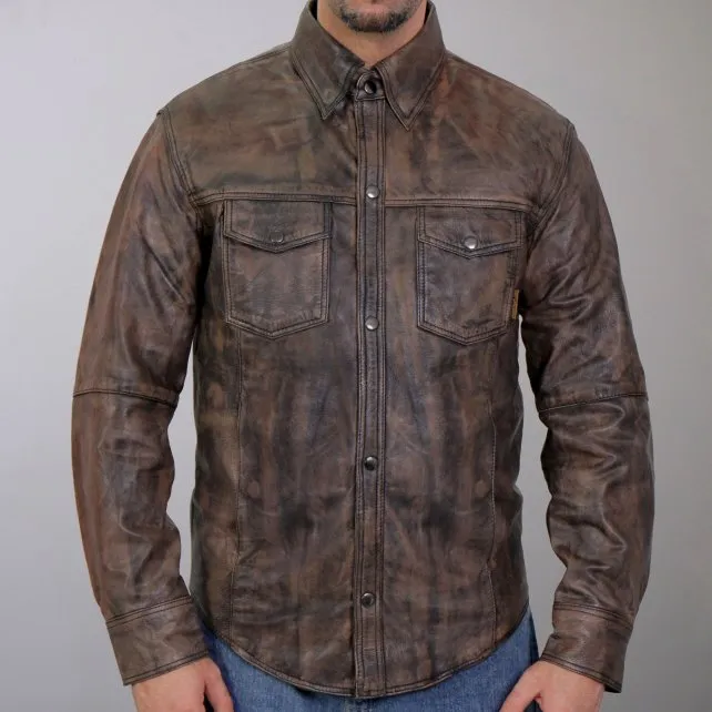 Hot Leathers LCS1004 Men's Distressed Brown Leather Fashion Shirt with