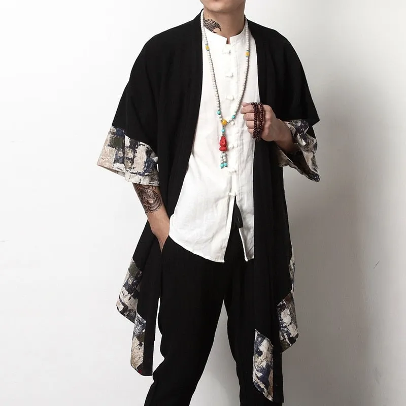 Japanese Collage Paint Black Men's Yukata Kimono Jacket