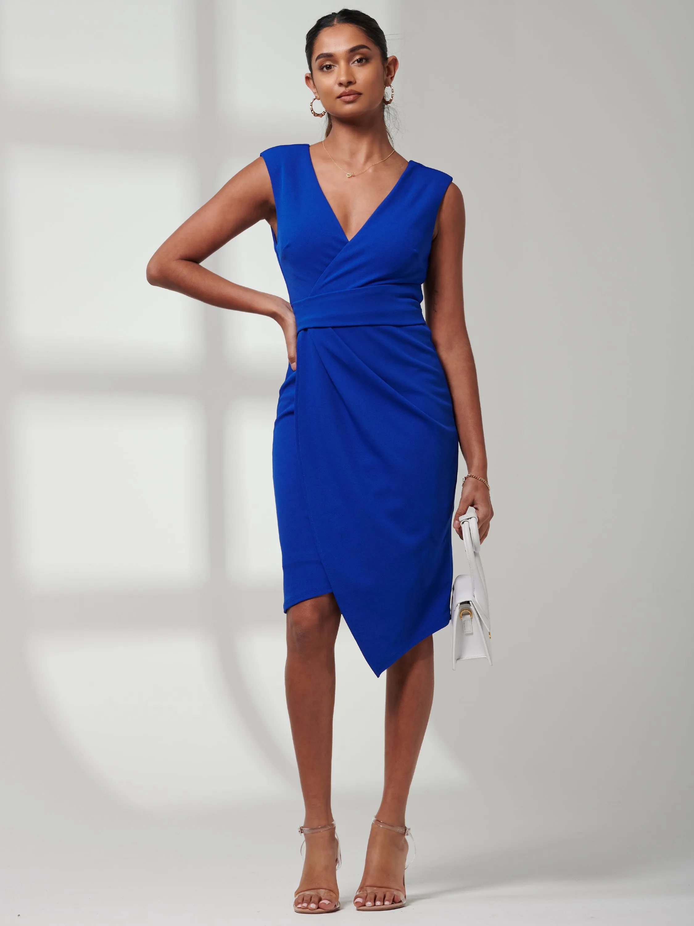 Kiana Wrap Ruched Bodycon Dress, Royal Blue