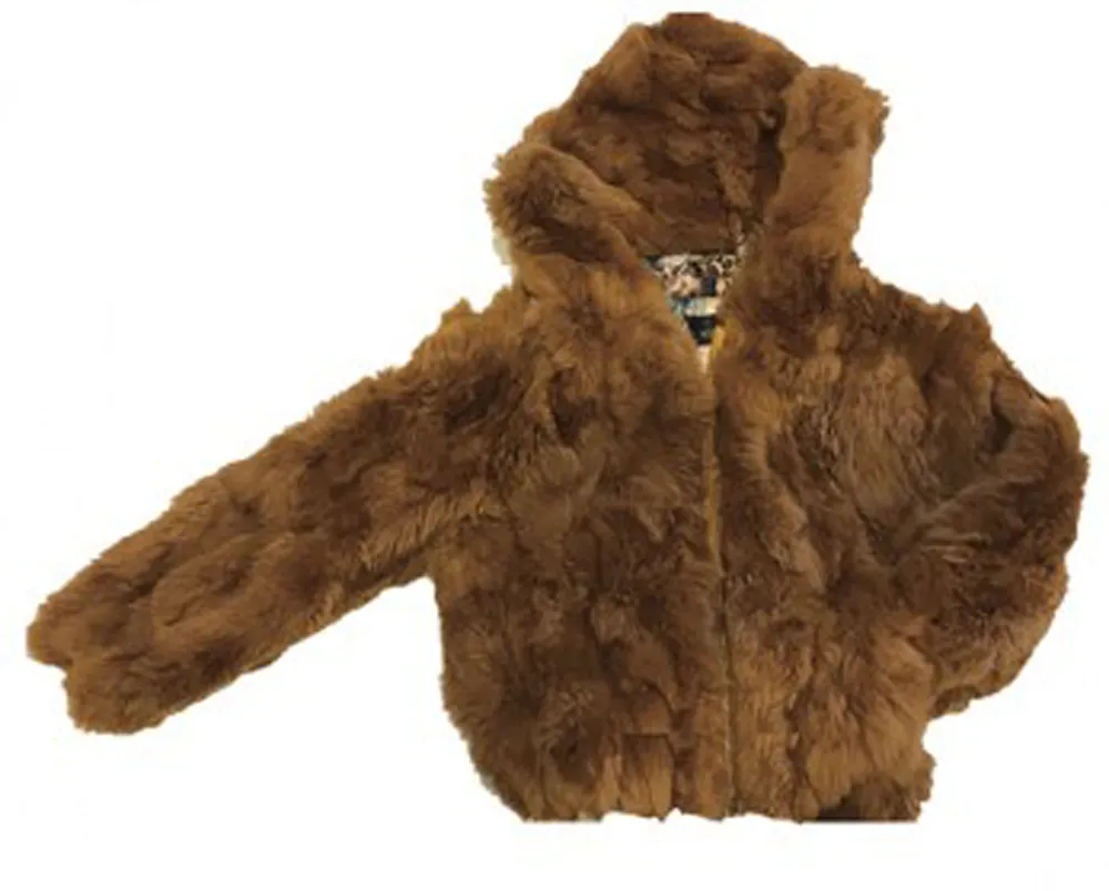 Kids Rabbit Fur Hooded Bomber Jacket - Whiskey