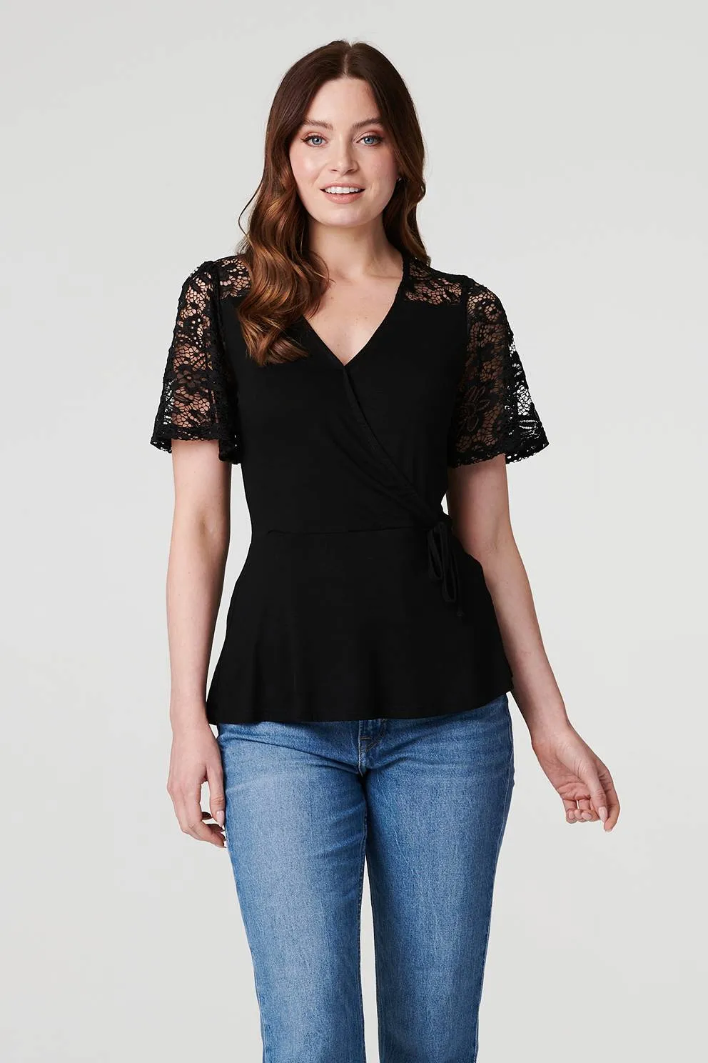 Lace Sleeve V-Neck Peplum Top