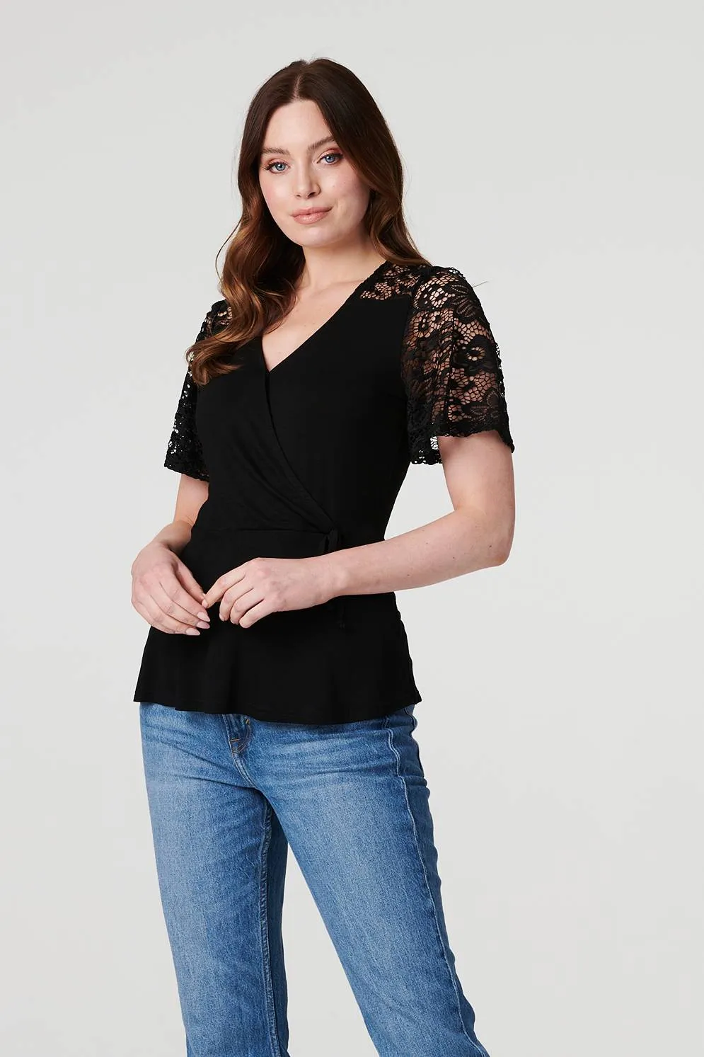 Lace Sleeve V-Neck Peplum Top