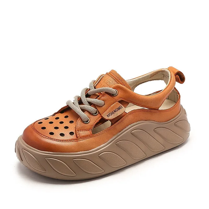 Leather Low-top Travel Perforated Platform Sneakers for Women in Beige/Purple/Green/Orange