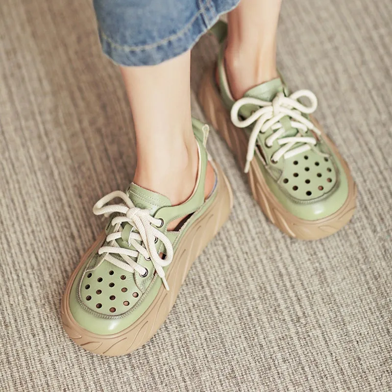 Leather Low-top Travel Perforated Platform Sneakers for Women in Beige/Purple/Green/Orange