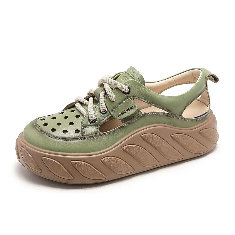 Leather Low-top Travel Perforated Platform Sneakers for Women in Beige/Purple/Green/Orange