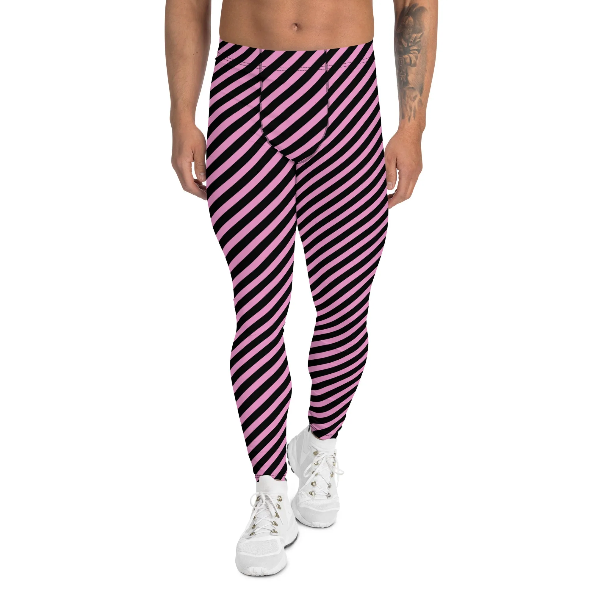 Light Pink Black Striped Meggings, Diagonally Striped Meggings Compression Tights For Men- Made in USA/EU/MX