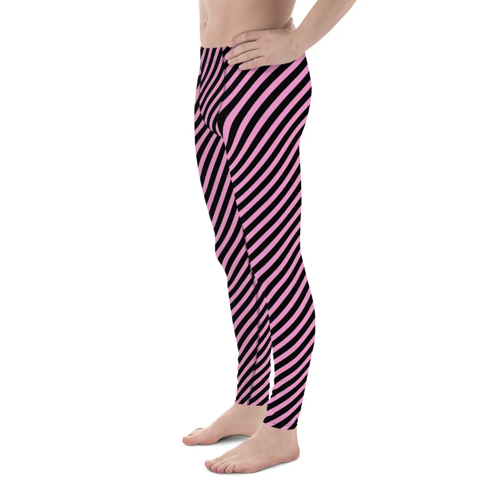 Light Pink Black Striped Meggings, Diagonally Striped Meggings Compression Tights For Men- Made in USA/EU/MX