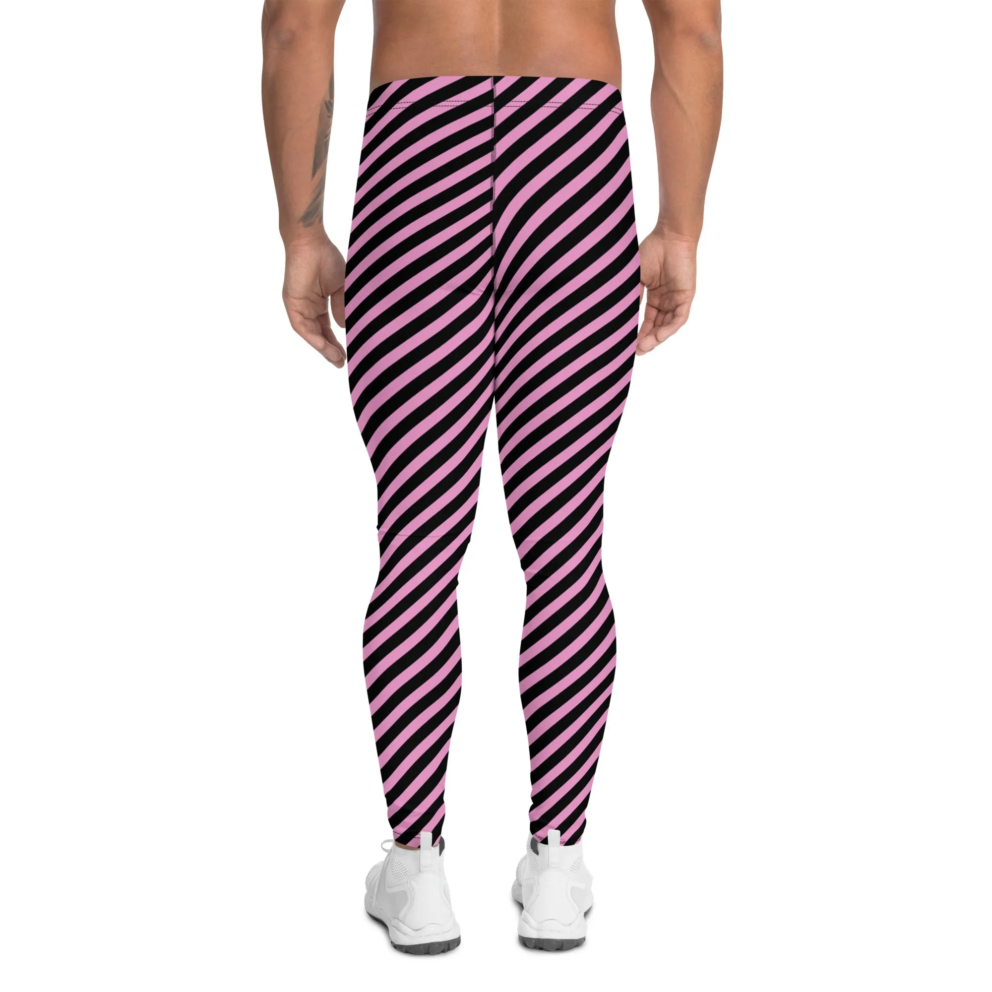 Light Pink Black Striped Meggings, Diagonally Striped Meggings Compression Tights For Men- Made in USA/EU/MX