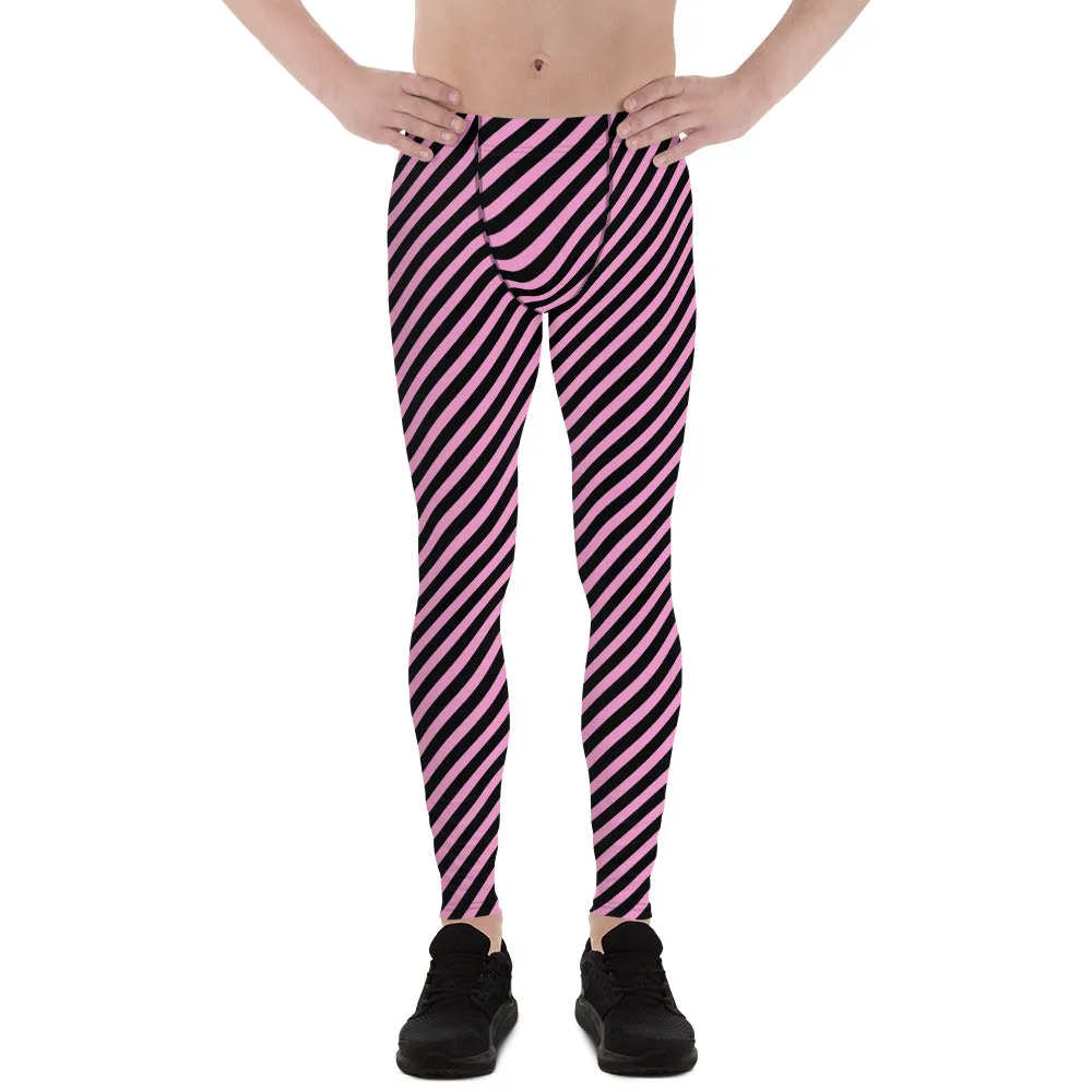 Light Pink Black Striped Meggings, Diagonally Striped Meggings Compression Tights For Men- Made in USA/EU/MX