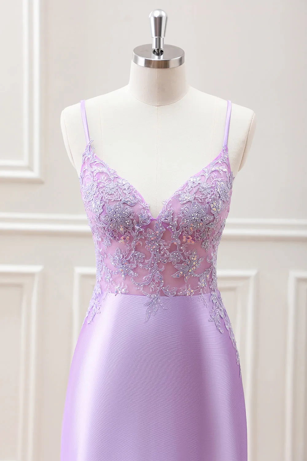 Lilac Spaghetti Straps Beaded Appliques Satin Bodycon Mini Dress