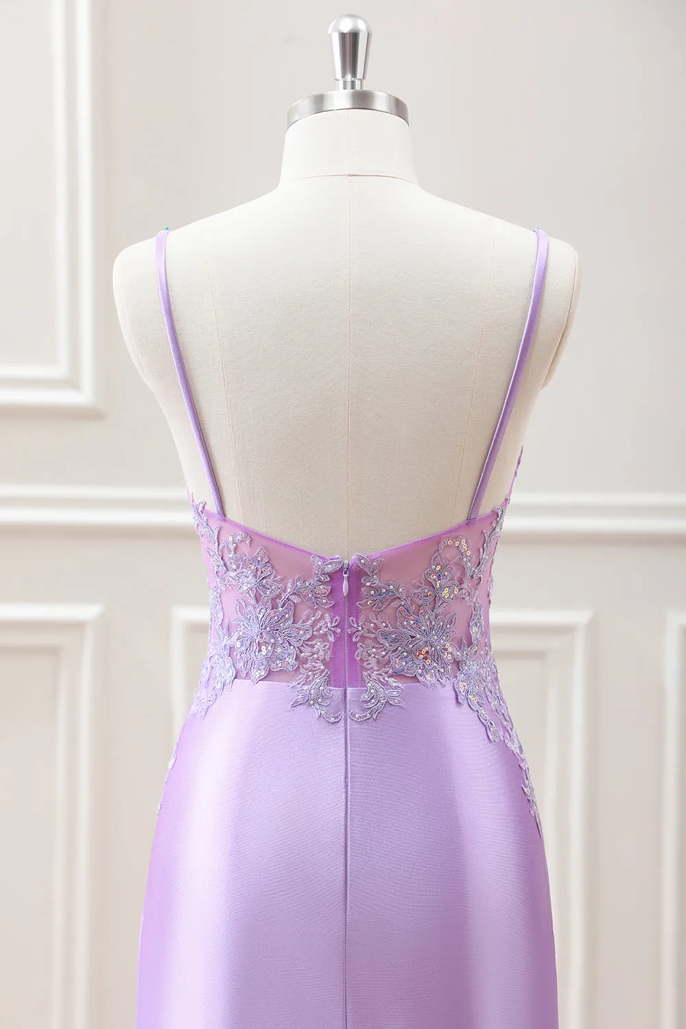 Lilac Spaghetti Straps Beaded Appliques Satin Bodycon Mini Dress