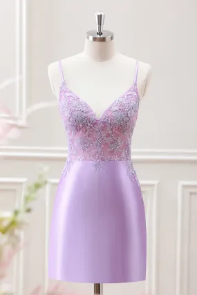 Lilac Spaghetti Straps Beaded Appliques Satin Bodycon Mini Dress