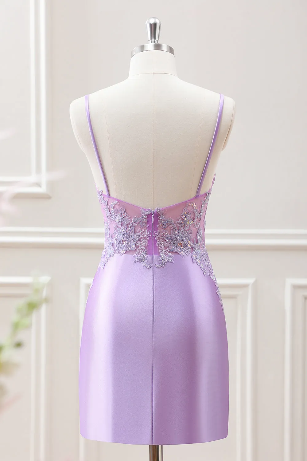 Lilac Spaghetti Straps Beaded Appliques Satin Bodycon Mini Dress