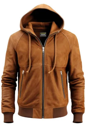 Men Camel Brown Stylish Suede Hooded Leather Jacket