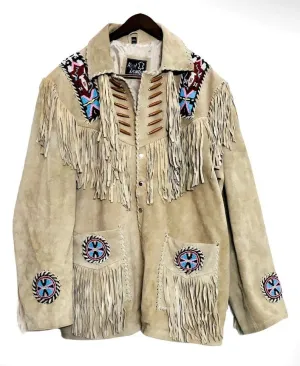 Men Leather Rockabilly jacket, Native American Buckskin Western Jacket Suede Leather Shirt Fringes & Beads Work Coat