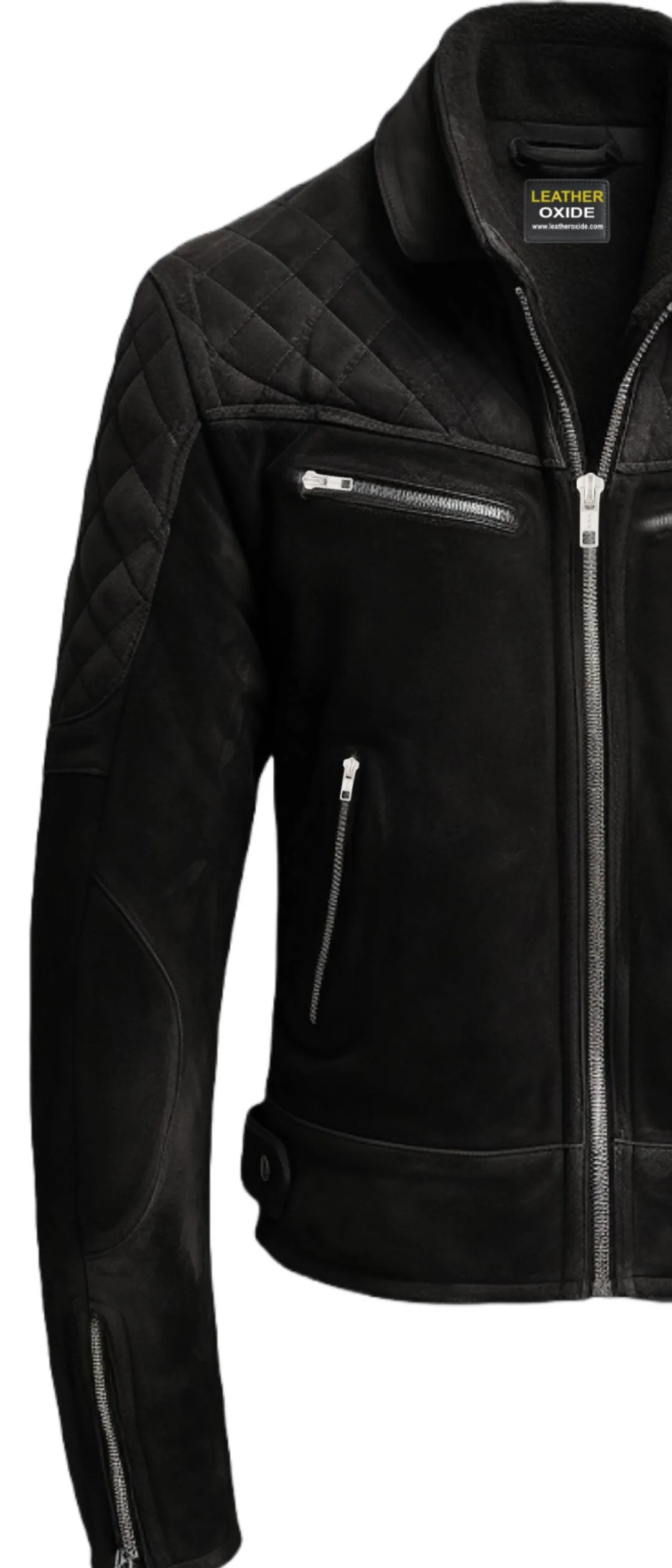 Men Quilted Biker Black Suede Leather Jacket