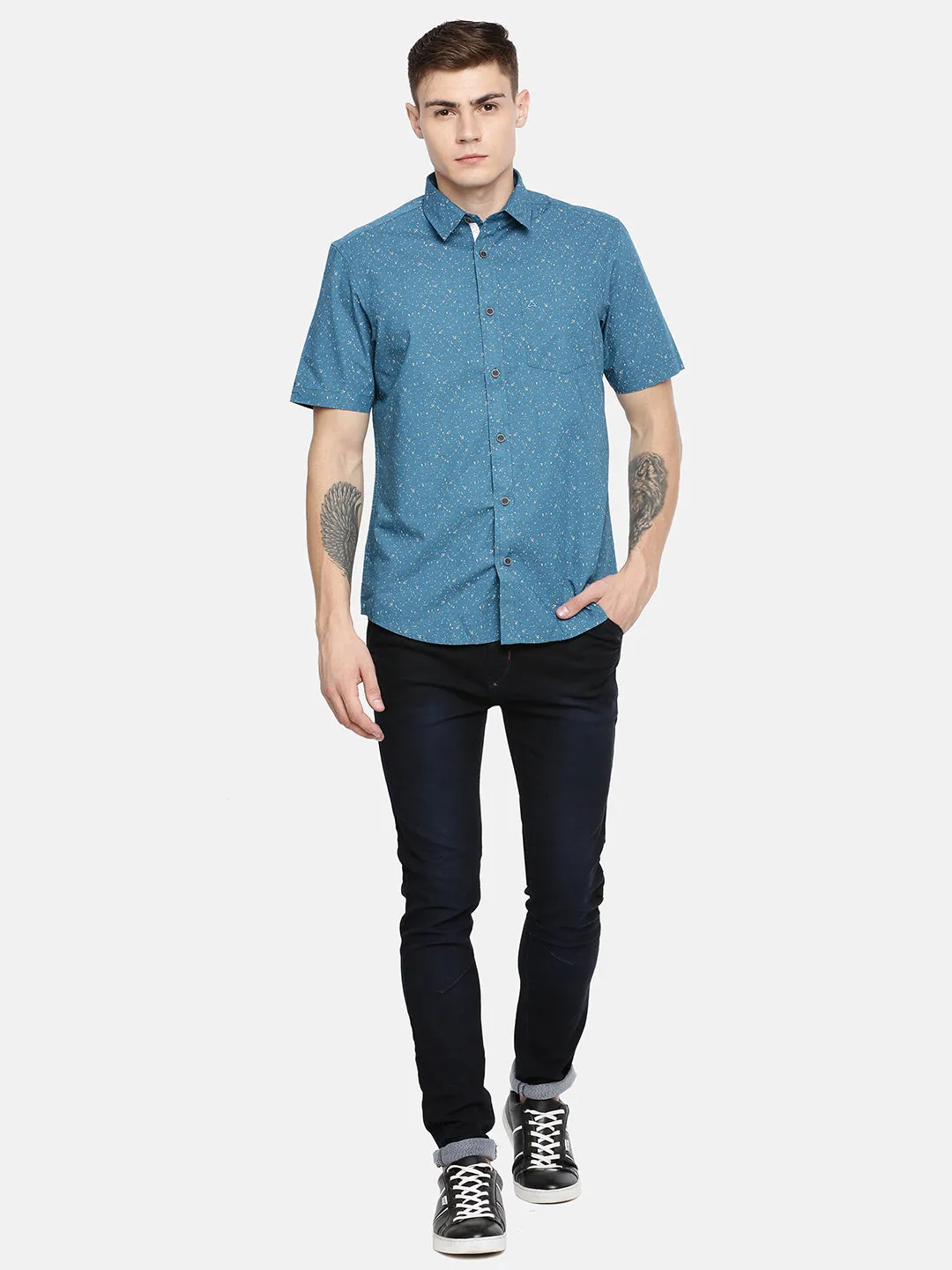 MEN'S BLUE ABSTRACT PRINT SLIM FIT SHIRT