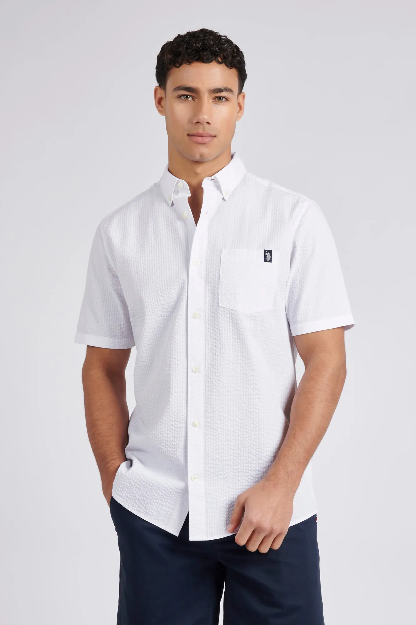 Mens Seersucker Short Sleeve Shirt in Bright White