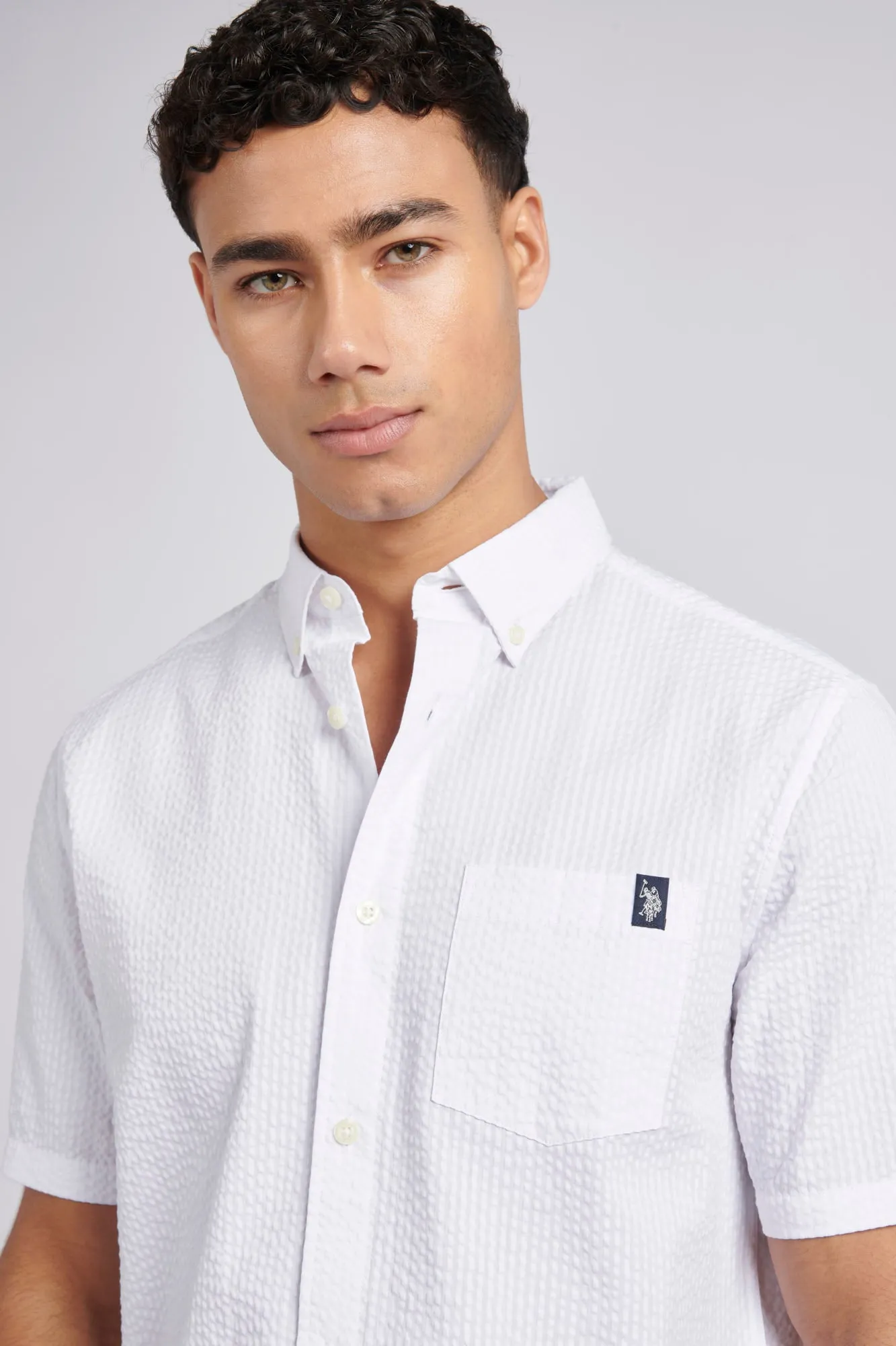 Mens Seersucker Short Sleeve Shirt in Bright White