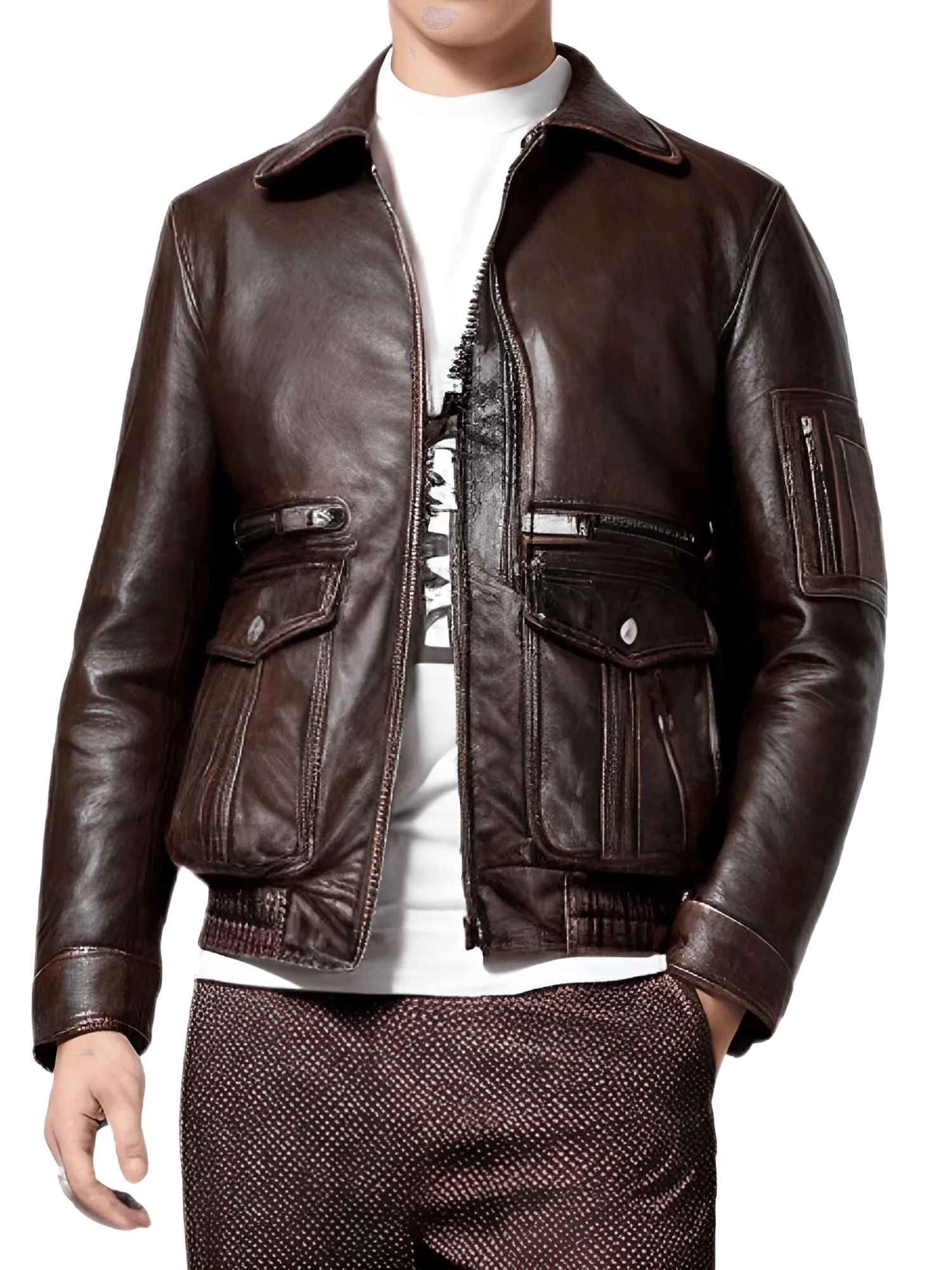 Men's Vintage Leather Jacket Stone Milled Cowhide Bomber Jacket Brown Calfskin Motorcycle Jacket