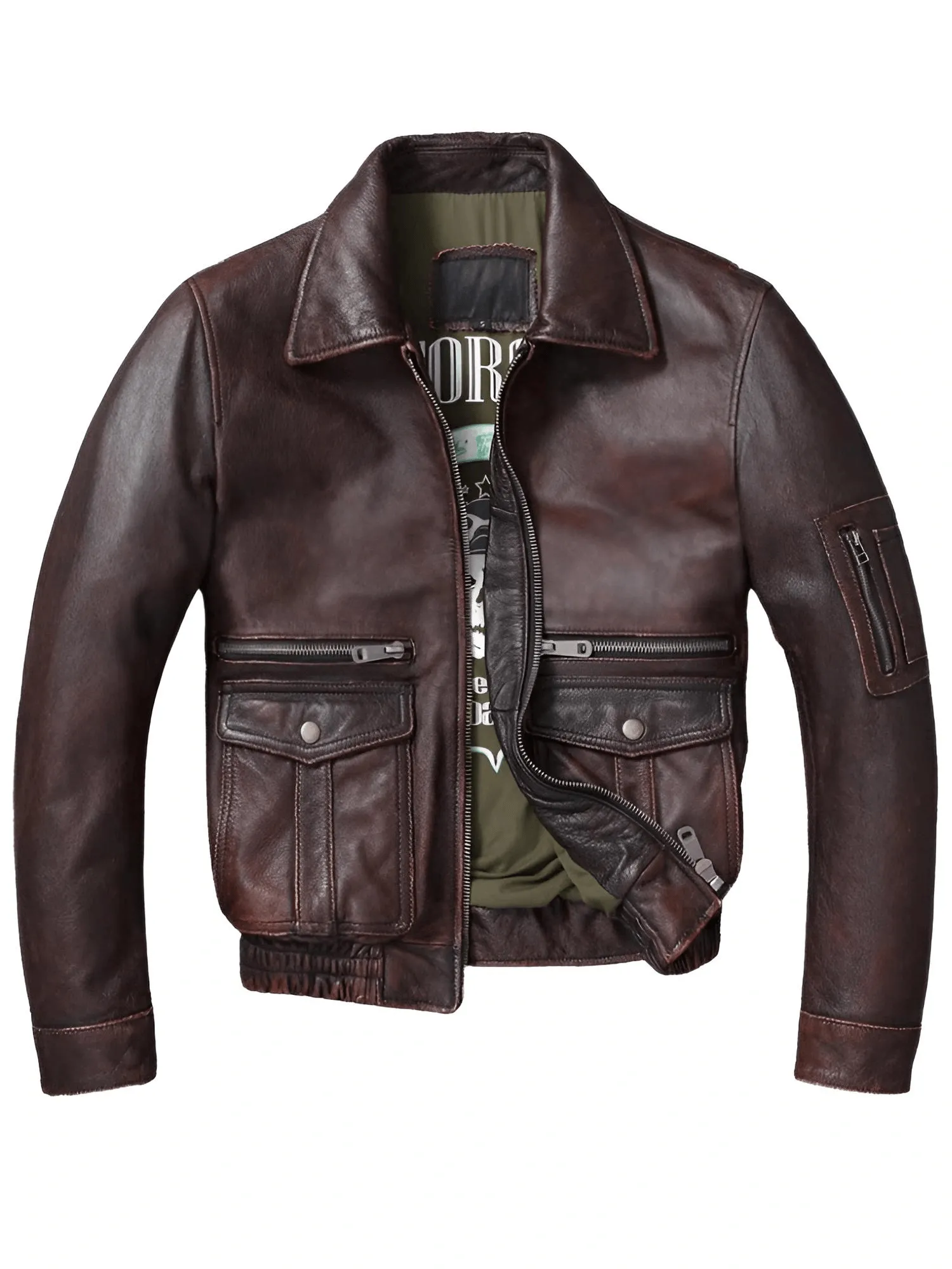 Men's Vintage Leather Jacket Stone Milled Cowhide Bomber Jacket Brown Calfskin Motorcycle Jacket