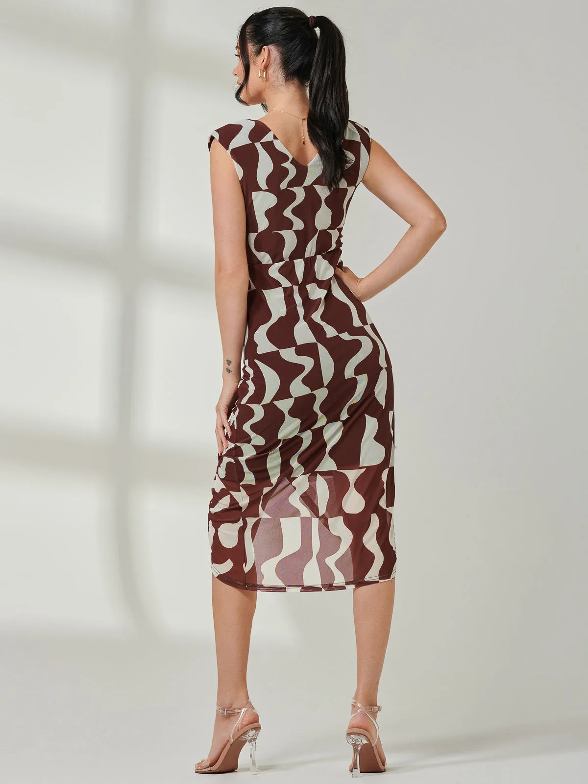 Mesh Wrap Ruched Bodycon Dress, Brown Pattern