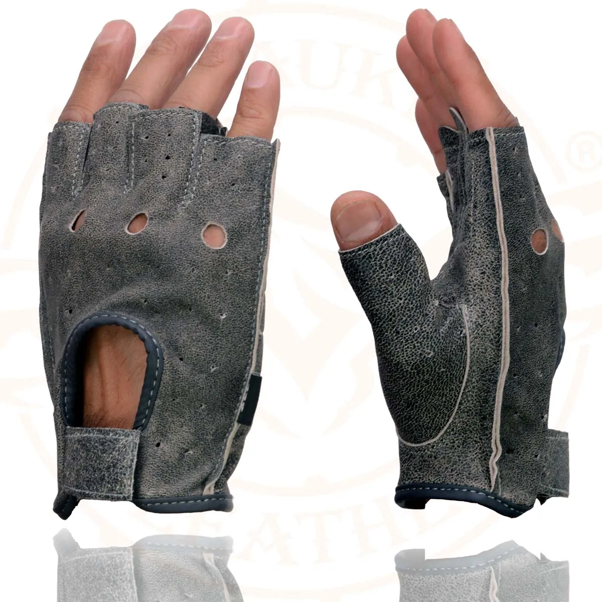 Milwaukee Leather MG7557 Men's Grey Leather Gel Padded Palm Fingerless Motorcycle Hand Gloves W/ Breathable ‘Open Knuckle’