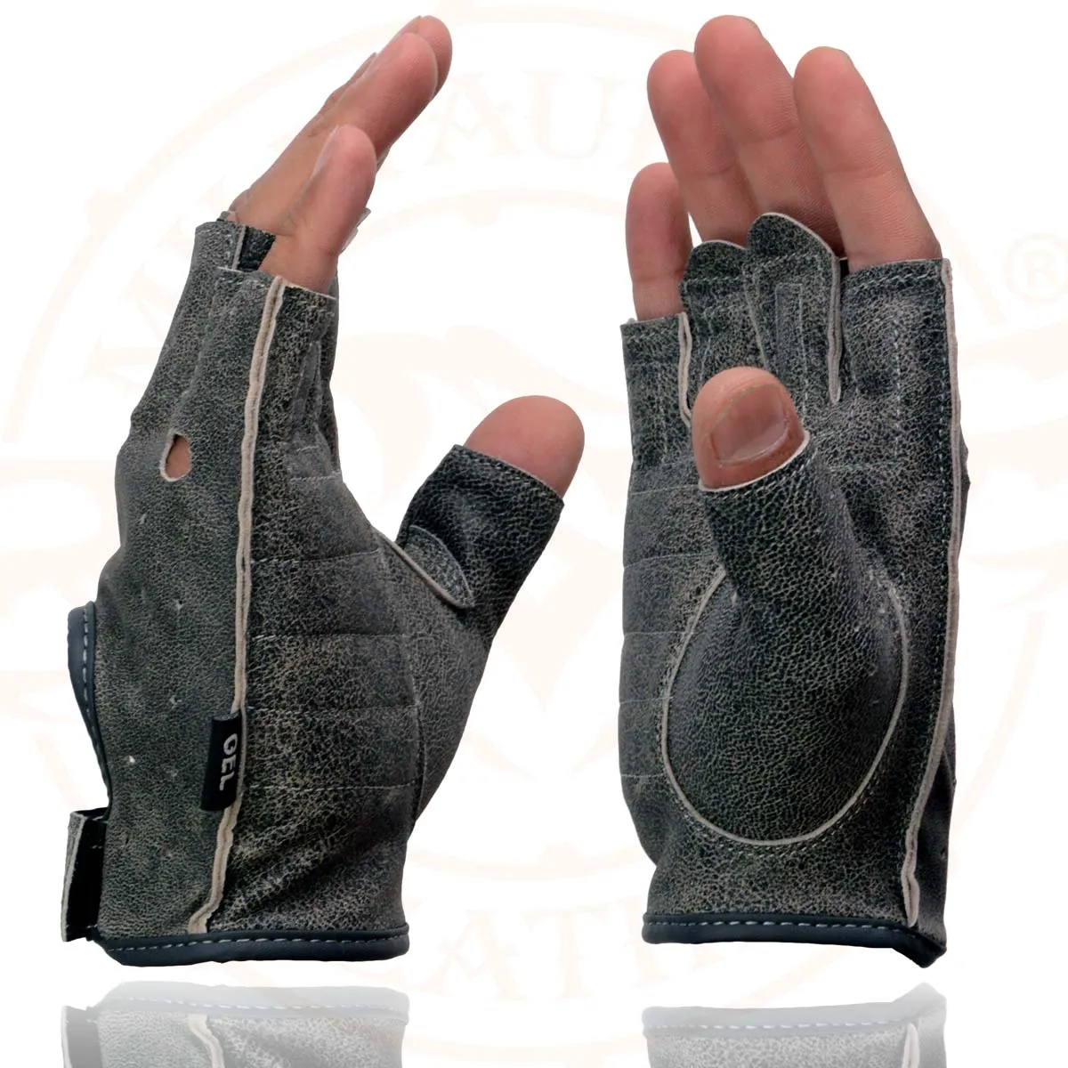 Milwaukee Leather MG7557 Men's Grey Leather Gel Padded Palm Fingerless Motorcycle Hand Gloves W/ Breathable ‘Open Knuckle’